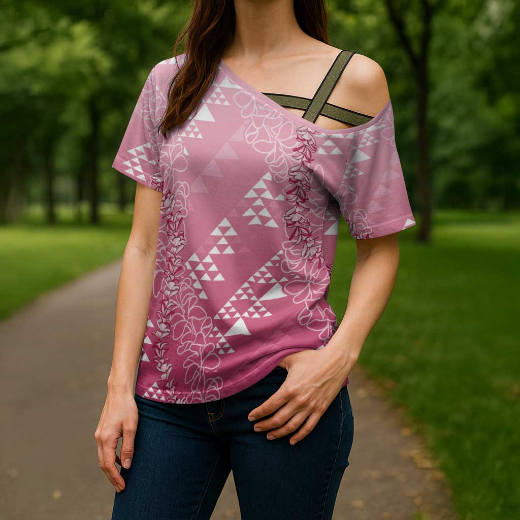 Hawaii Rose Pink Kapa Cross Shoulder Shirt Vintage 'Ohe Kāpala Motifs Mix Plumeria Leis LT7 - Polynesian Pride