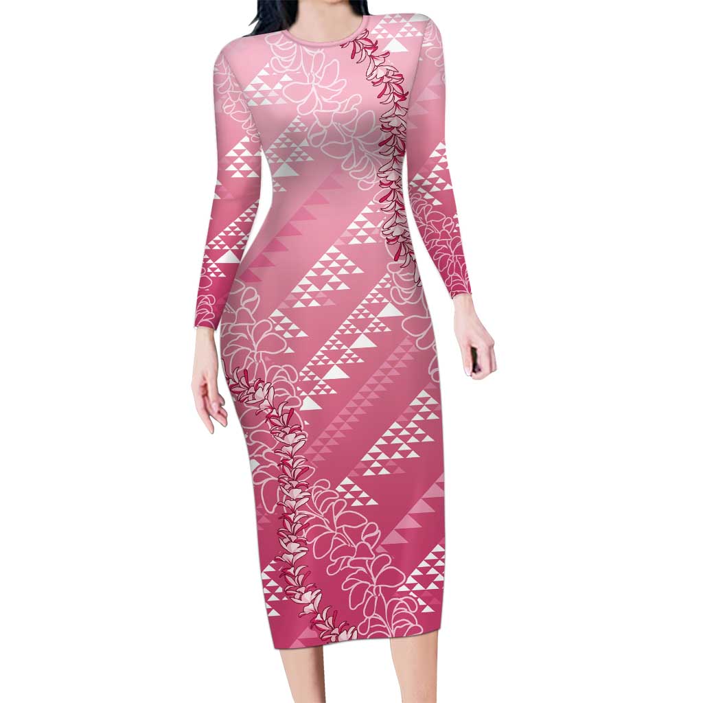Hawaii Rose Pink Kapa Family Matching Long Sleeve Bodycon Dress and Hawaiian Shirt Vintage 'Ohe Kāpala Motifs Mix Plumeria Leis LT7 Mom's Dress Rose Pink - Polynesian Pride