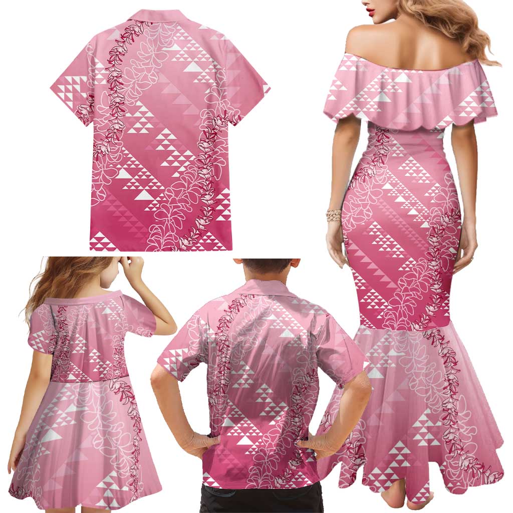 Hawaii Rose Pink Kapa Family Matching Mermaid Dress and Hawaiian Shirt Vintage 'Ohe Kāpala Motifs Mix Plumeria Leis LT7 - Polynesian Pride