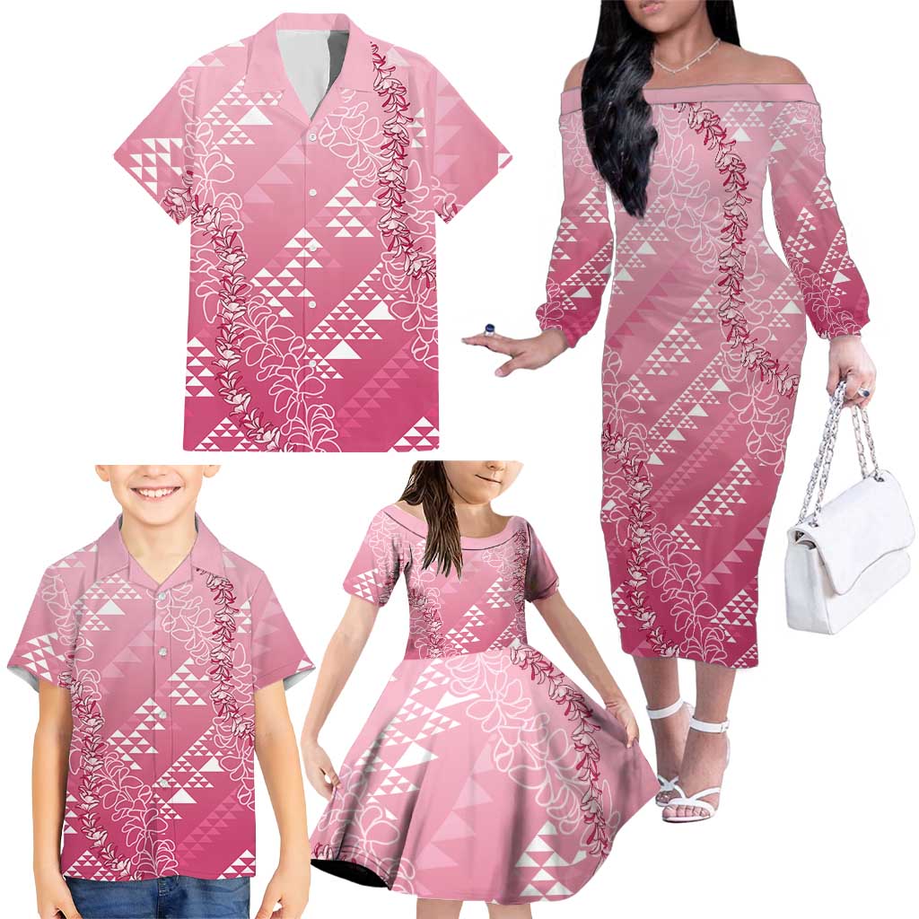 Hawaii Rose Pink Kapa Family Matching Off The Shoulder Long Sleeve Dress and Hawaiian Shirt Vintage 'Ohe Kāpala Motifs Mix Plumeria Leis LT7 - Polynesian Pride