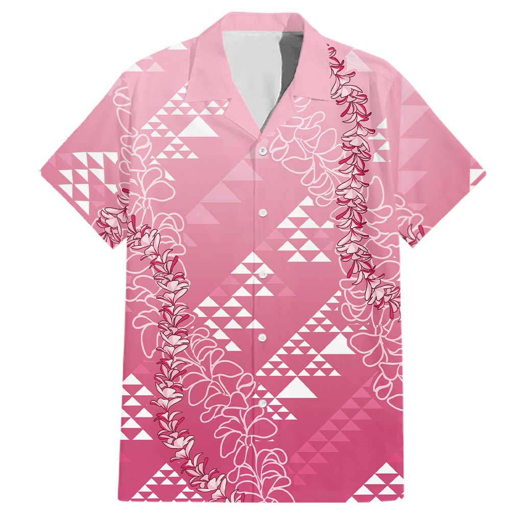Hawaii Rose Pink Kapa Family Matching Off The Shoulder Long Sleeve Dress and Hawaiian Shirt Vintage 'Ohe Kāpala Motifs Mix Plumeria Leis LT7 Dad's Shirt - Short Sleeve Rose Pink - Polynesian Pride