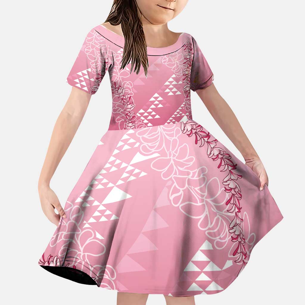 Hawaii Rose Pink Kapa Family Matching Off Shoulder Maxi Dress and Hawaiian Shirt Vintage 'Ohe Kāpala Motifs Mix Plumeria Leis LT7 Daughter's Dress Rose Pink - Polynesian Pride