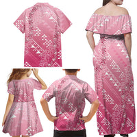 Hawaii Rose Pink Kapa Family Matching Off Shoulder Maxi Dress and Hawaiian Shirt Vintage 'Ohe Kāpala Motifs Mix Plumeria Leis LT7 - Polynesian Pride