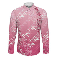 Hawaii Rose Pink Kapa Family Matching Off Shoulder Maxi Dress and Hawaiian Shirt Vintage 'Ohe Kāpala Motifs Mix Plumeria Leis LT7 Dad's Shirt - Long Sleeve Rose Pink - Polynesian Pride
