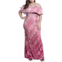 Hawaii Rose Pink Kapa Family Matching Off Shoulder Maxi Dress and Hawaiian Shirt Vintage 'Ohe Kāpala Motifs Mix Plumeria Leis LT7 Mom's Dress Rose Pink - Polynesian Pride