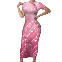 Hawaii Rose Pink Kapa Family Matching Short Sleeve Bodycon Dress and Hawaiian Shirt Vintage 'Ohe Kāpala Motifs Mix Plumeria Leis LT7 Mom's Dress Rose Pink - Polynesian Pride