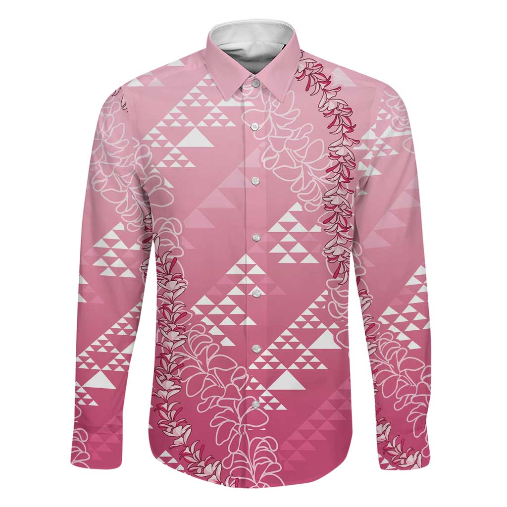 Hawaii Rose Pink Kapa Family Matching Summer Maxi Dress and Hawaiian Shirt Vintage 'Ohe Kāpala Motifs Mix Plumeria Leis LT7 Dad's Shirt - Long Sleeve Rose Pink - Polynesian Pride