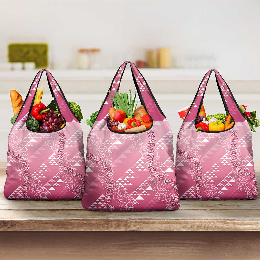 Hawaii Rose Pink Kapa Grocery Bag Vintage 'Ohe Kāpala Motifs Mix Plumeria Leis LT7 3-pack One Size Rose Pink - Polynesian Pride