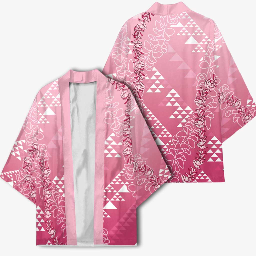 Hawaii Rose Pink Kapa Kimono Vintage 'Ohe Kāpala Motifs Mix Plumeria Leis