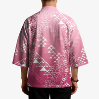 Hawaii Rose Pink Kapa Kimono Vintage 'Ohe Kāpala Motifs Mix Plumeria Leis