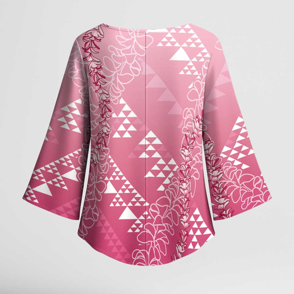 Hawaii Rose Pink Kapa Kimono Sleeve Blouse Vintage 'Ohe Kāpala Motifs Mix Plumeria Leis LT7 - Polynesian Pride