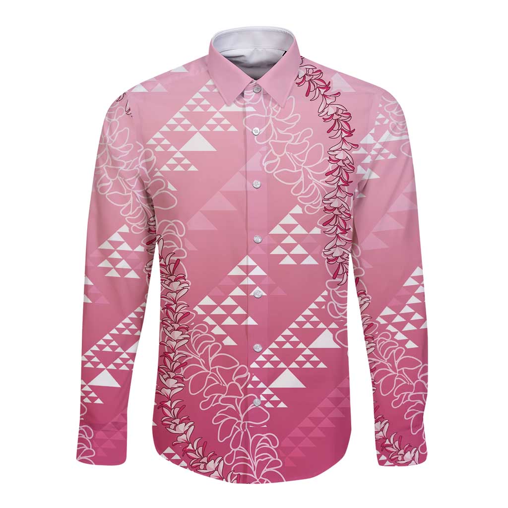 Hawaii Rose Pink Kapa Long Sleeve Button Shirt Vintage 'Ohe Kāpala Motifs Mix Plumeria Leis