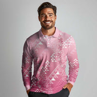 Hawaii Rose Pink Kapa Long Sleeve Polo Shirt Vintage 'Ohe Kāpala Motifs Mix Plumeria Leis LT7 - Polynesian Pride