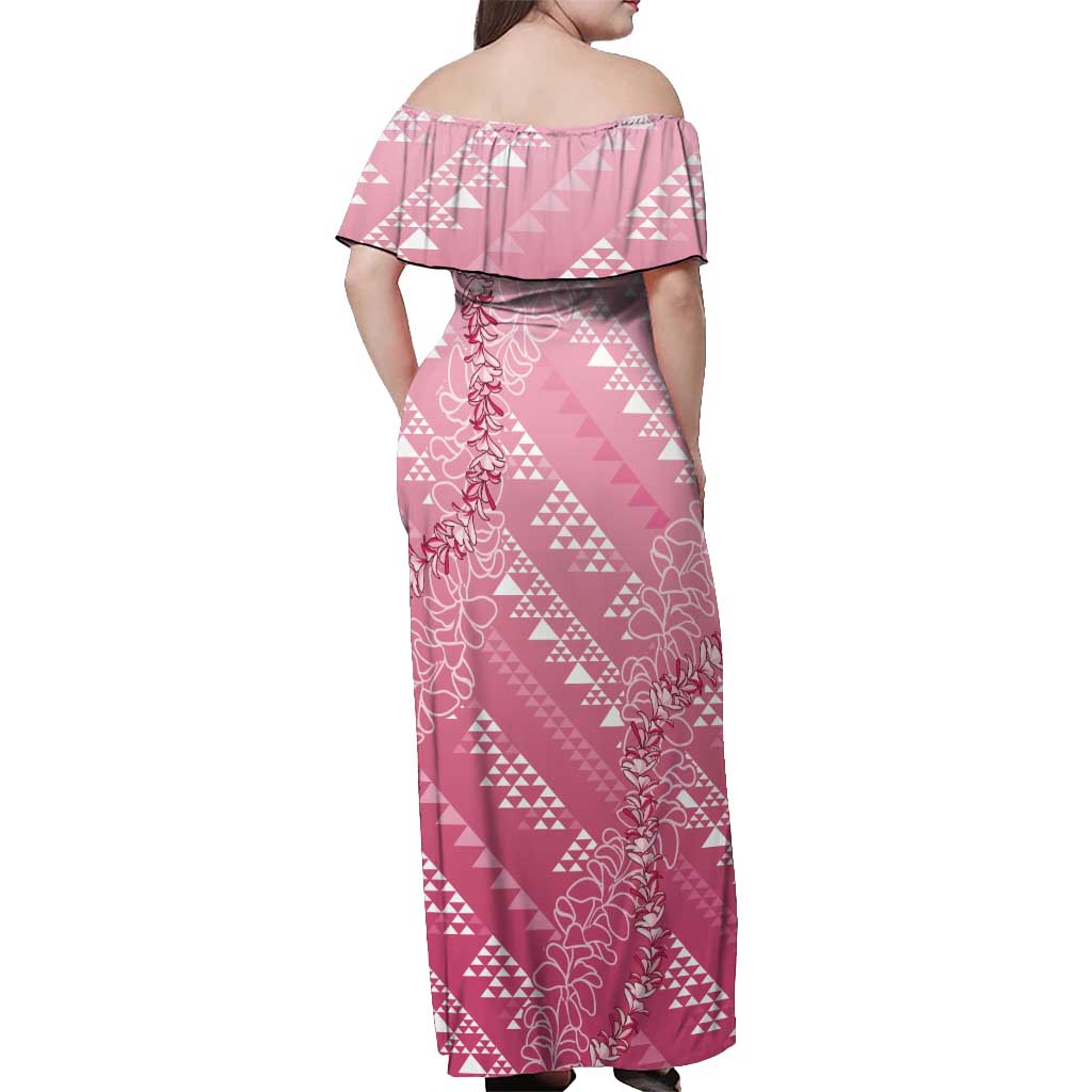 Hawaii Rose Pink Kapa Off Shoulder Maxi Dress Vintage 'Ohe Kāpala Motifs Mix Plumeria Leis LT7 - Polynesian Pride