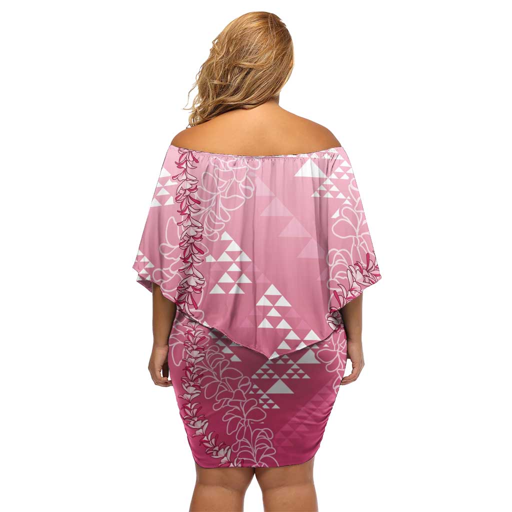 Hawaii Rose Pink Kapa Off Shoulder Short Dress Vintage 'Ohe Kāpala Motifs Mix Plumeria Leis LT7 - Polynesian Pride