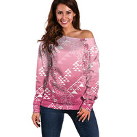 Hawaii Rose Pink Kapa Off Shoulder Sweater Vintage 'Ohe Kāpala Motifs Mix Plumeria Leis LT7 Women Rose Pink - Polynesian Pride