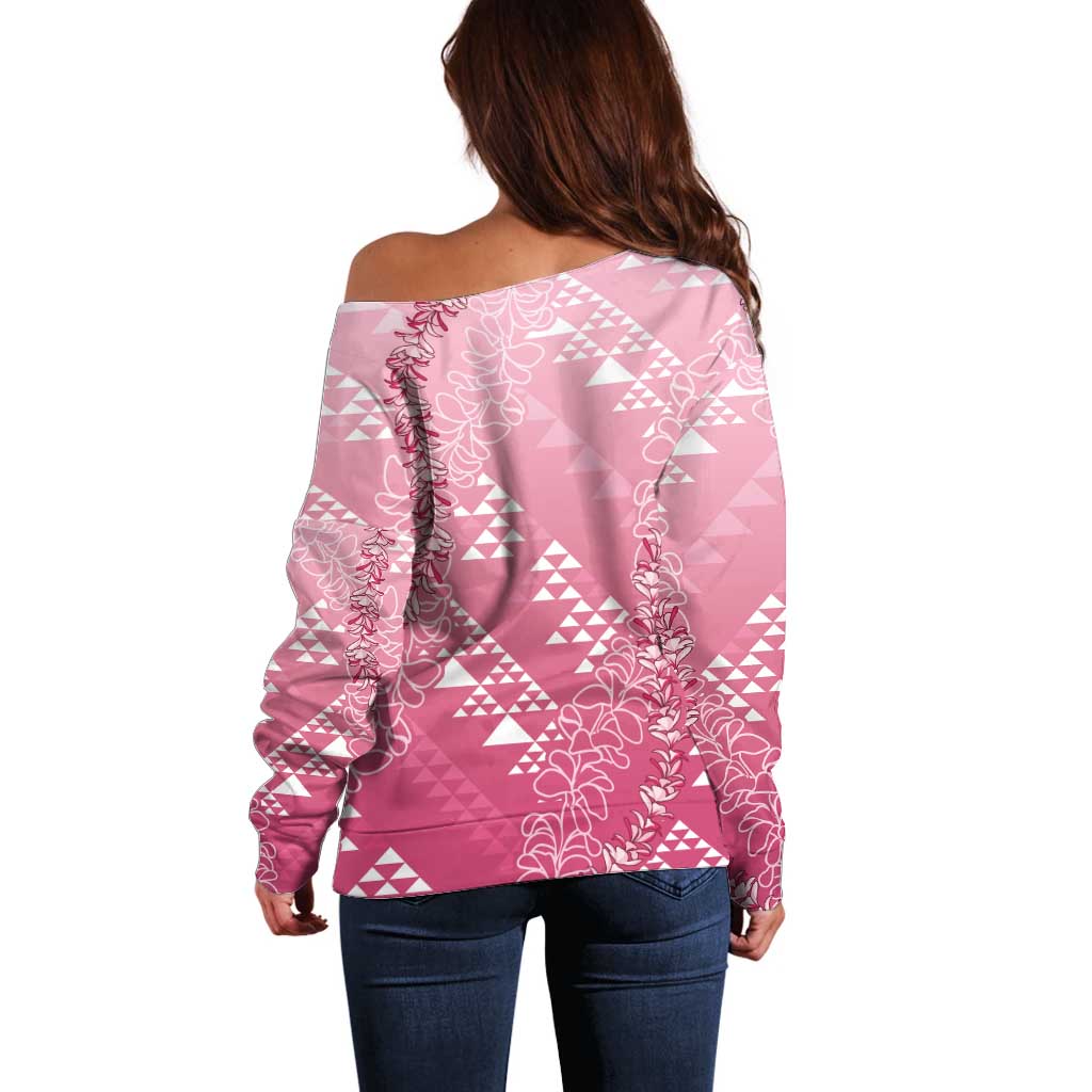 Hawaii Rose Pink Kapa Off Shoulder Sweater Vintage 'Ohe Kāpala Motifs Mix Plumeria Leis LT7 - Polynesian Pride