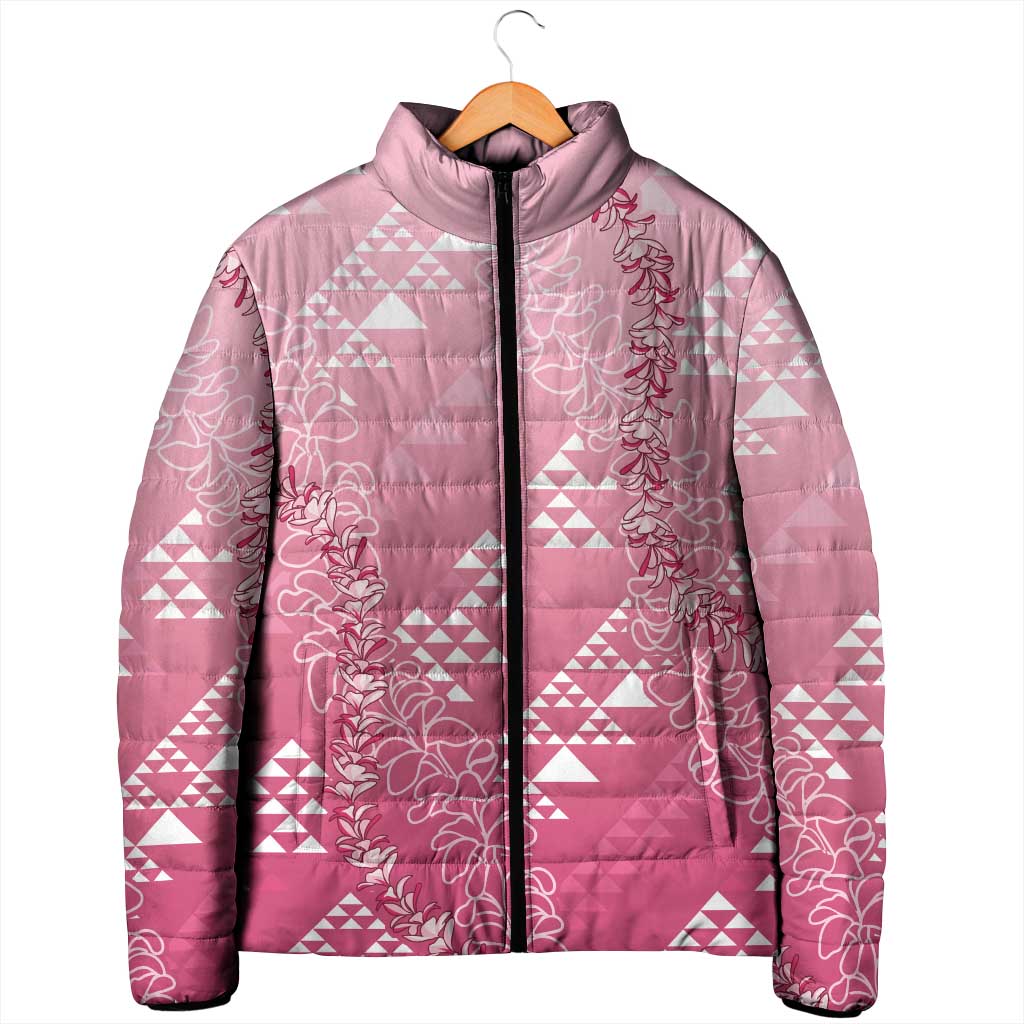 Hawaii Rose Pink Kapa Padded Jacket Vintage 'Ohe Kāpala Motifs Mix Plumeria Leis