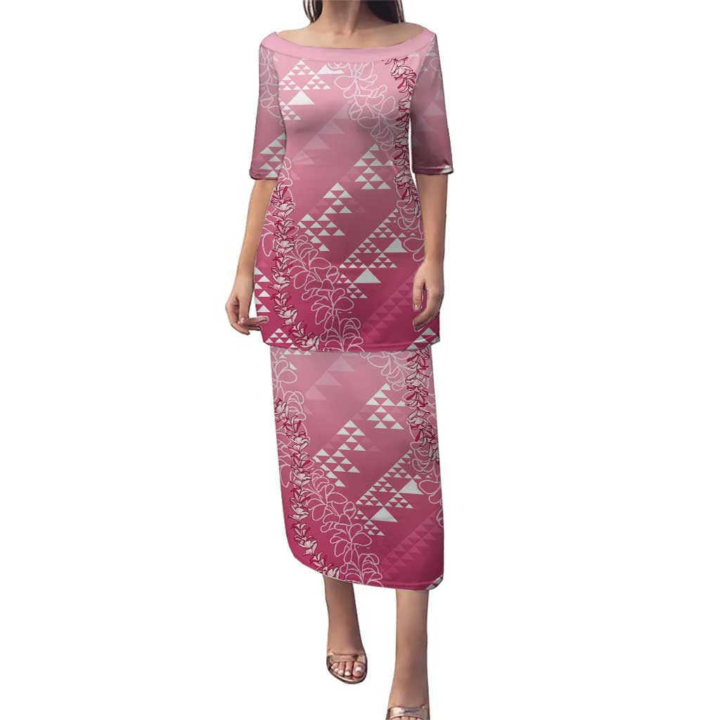Hawaii Rose Pink Kapa Puletasi Vintage 'Ohe Kāpala Motifs Mix Plumeria Leis LT7 Long Dress Rose Pink - Polynesian Pride