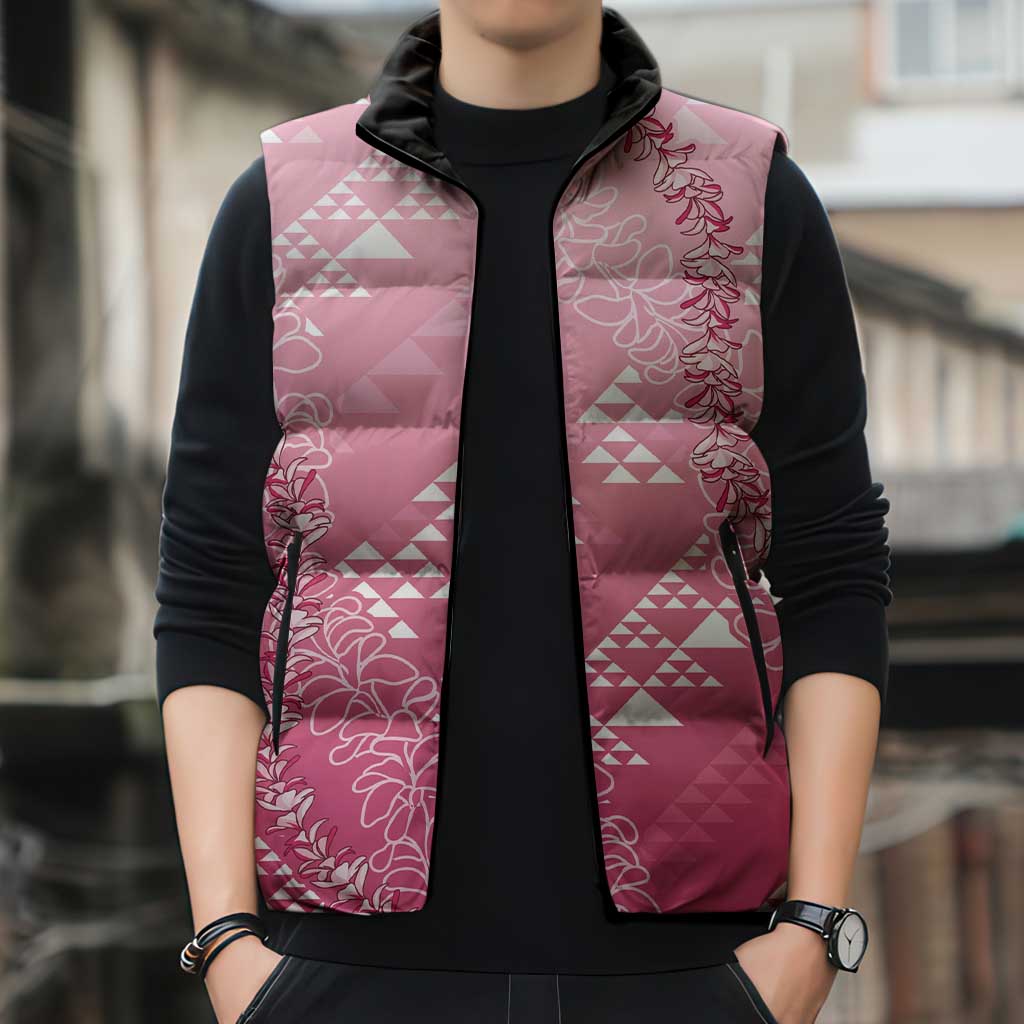 Hawaii Rose Pink Kapa Sleeveless Puffer Jacket Vintage 'Ohe Kāpala Motifs Mix Plumeria Leis LT7 - Polynesian Pride