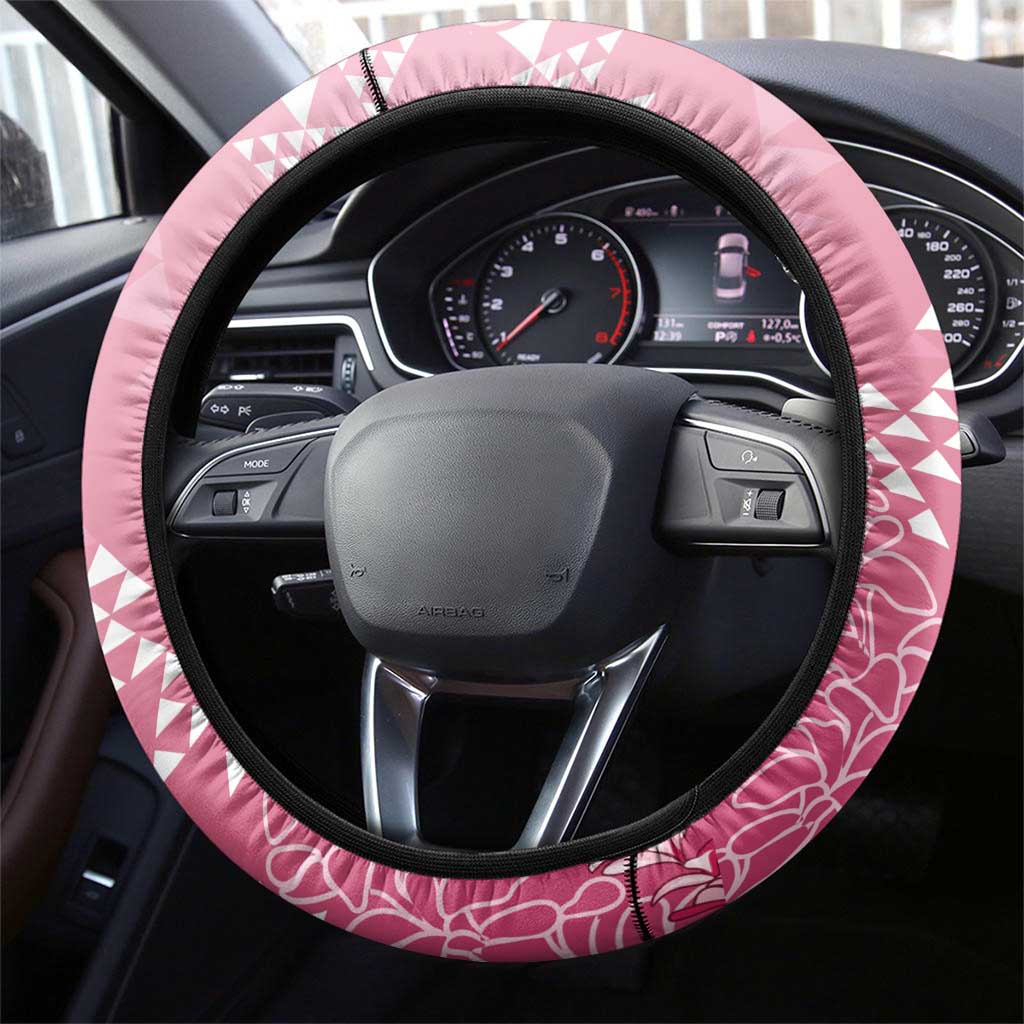 Hawaii Rose Pink Kapa Steering Wheel Cover Vintage 'Ohe Kāpala Motifs Mix Plumeria Leis LT7 - Polynesian Pride