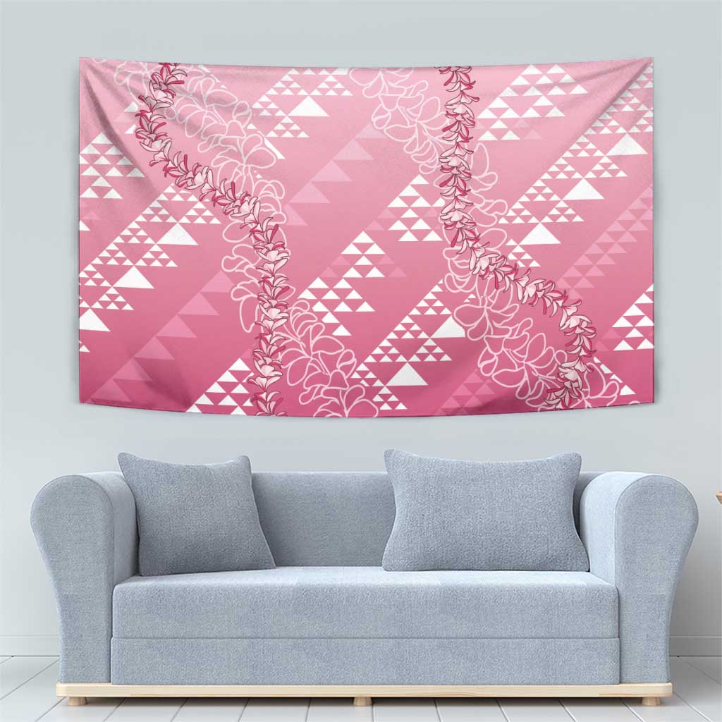 Hawaii Rose Pink Kapa Tapestry Vintage 'Ohe Kāpala Motifs Mix Plumeria Leis