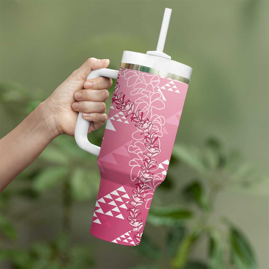 Hawaii Rose Pink Kapa Tumbler With Handle Vintage 'Ohe Kāpala Motifs Mix Plumeria Leis LT7 - Polynesian Pride