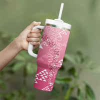 Hawaii Rose Pink Kapa Tumbler With Handle Vintage 'Ohe Kāpala Motifs Mix Plumeria Leis LT7 - Polynesian Pride