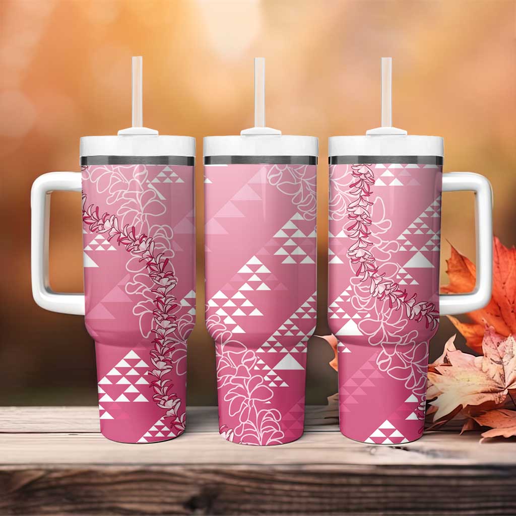 Hawaii Rose Pink Kapa Tumbler With Handle Vintage 'Ohe Kāpala Motifs Mix Plumeria Leis LT7 - Polynesian Pride