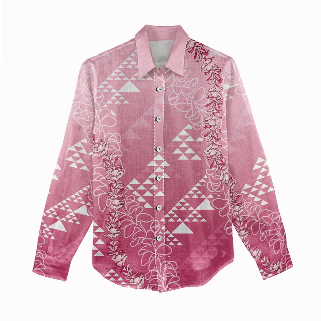 Hawaii Rose Pink Kapa Women Casual Shirt Vintage 'Ohe Kāpala Motifs Mix Plumeria Leis LT7 - Polynesian Pride