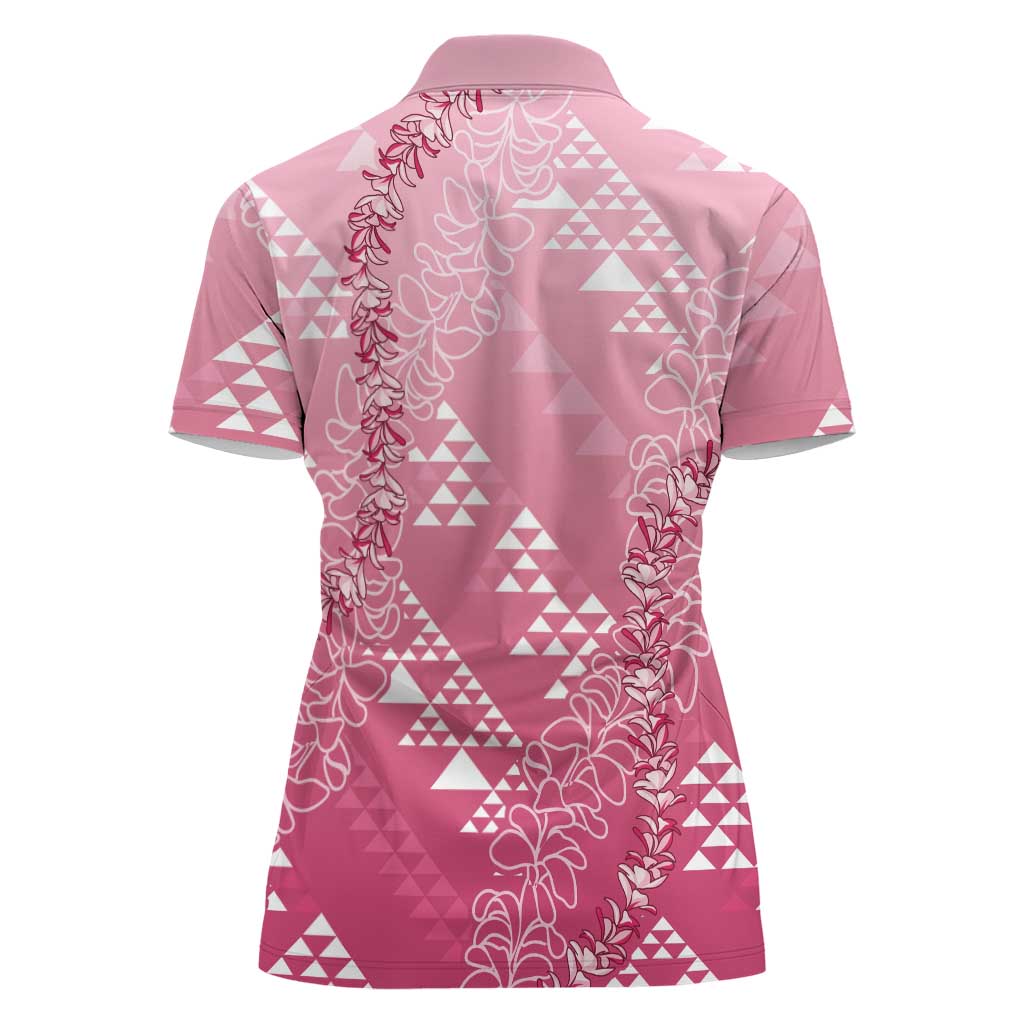 Hawaii Rose Pink Kapa Women Polo Shirt Vintage 'Ohe Kāpala Motifs Mix Plumeria Leis LT7 - Polynesian Pride
