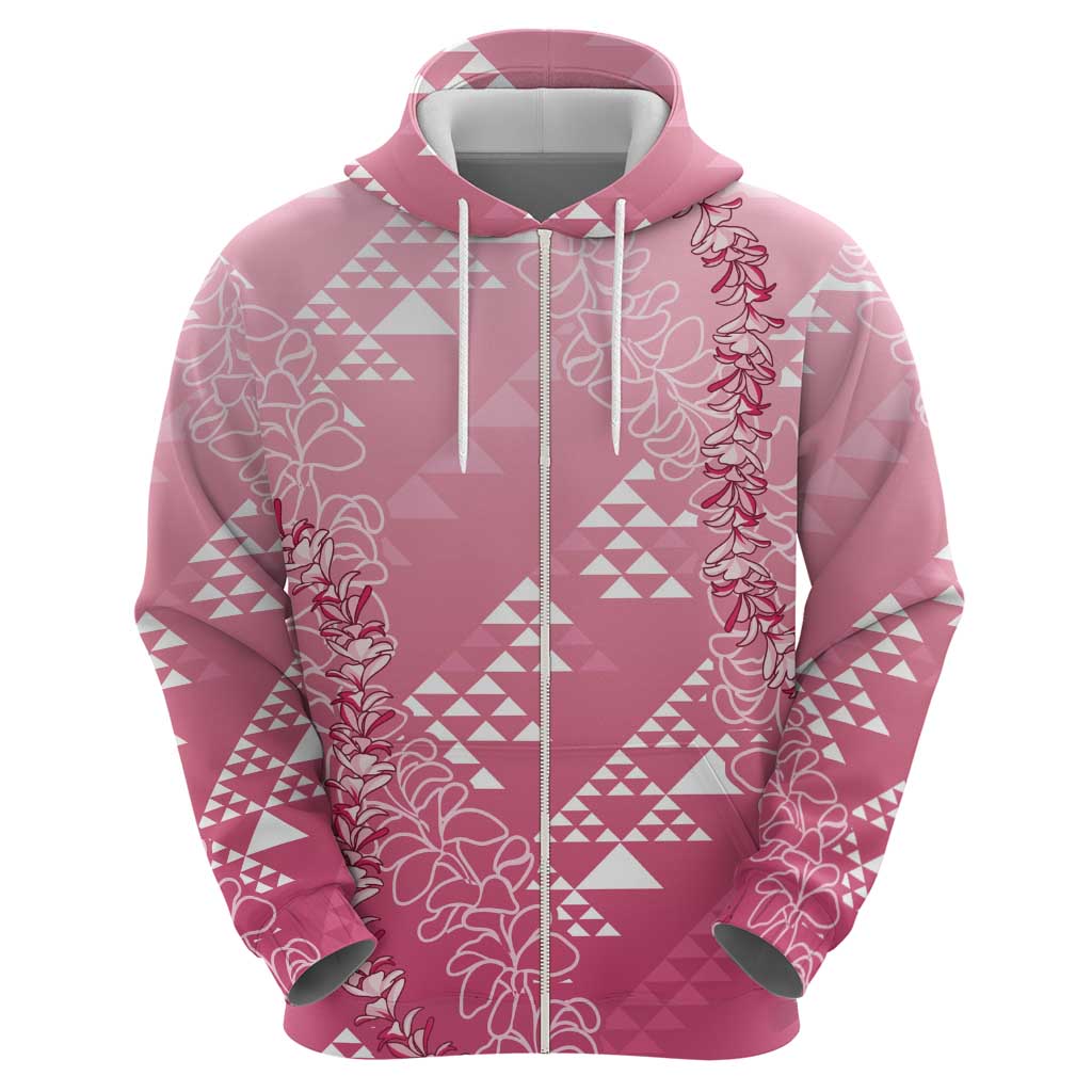Hawaii Rose Pink Kapa Zip Hoodie Vintage 'Ohe Kāpala Motifs Mix Plumeria Leis LT7 - Polynesian Pride