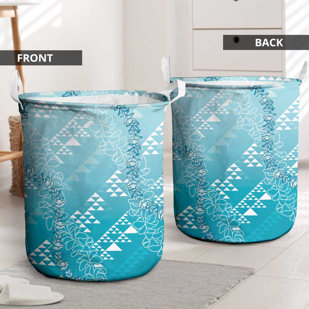 Hawaii Turquoise Kapa Laundry Basket Vintage 'Ohe Kāpala Motifs Mix Plumeria Leis