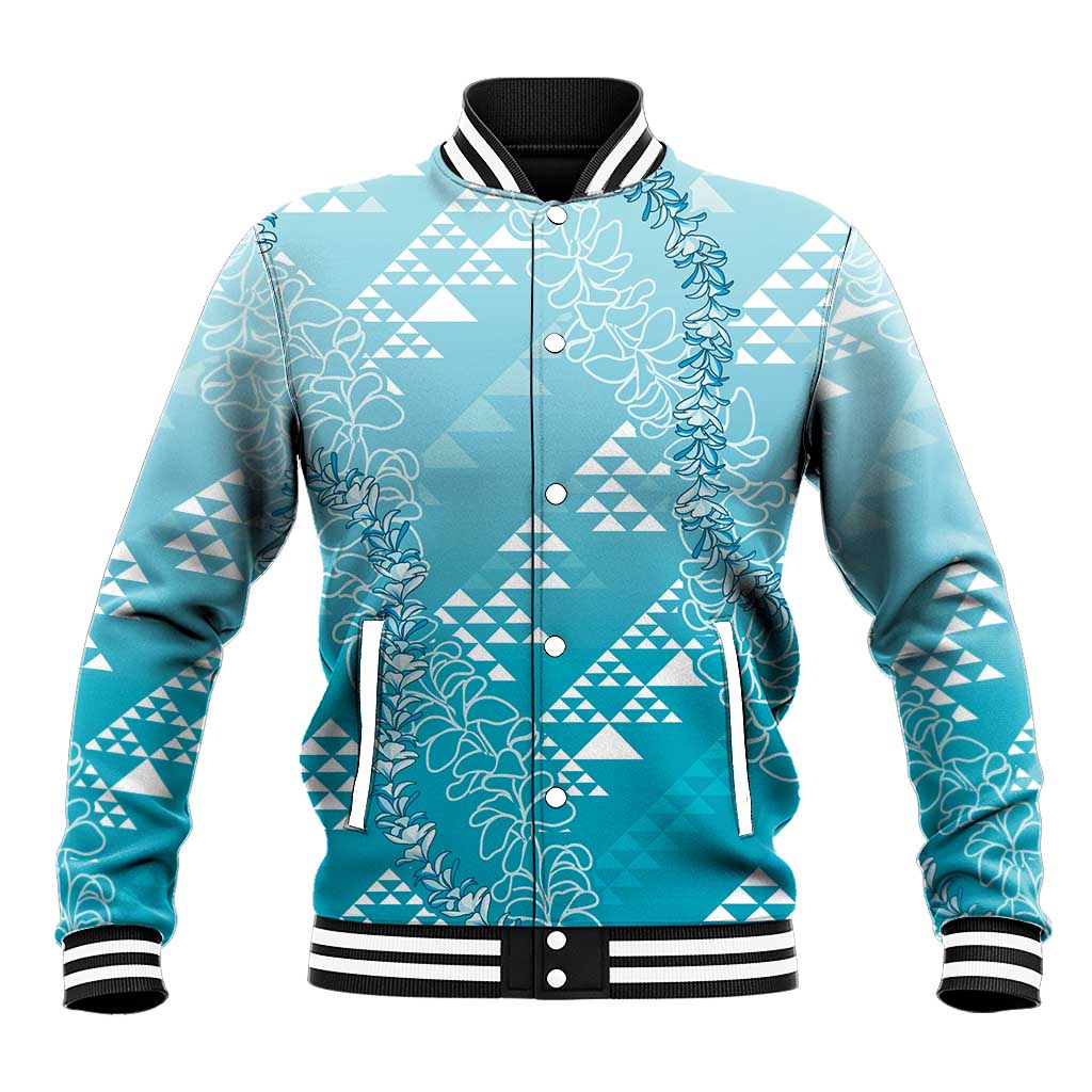 Hawaii Turquoise Kapa Baseball Jacket Vintage 'Ohe Kāpala Motifs Mix Plumeria Leis