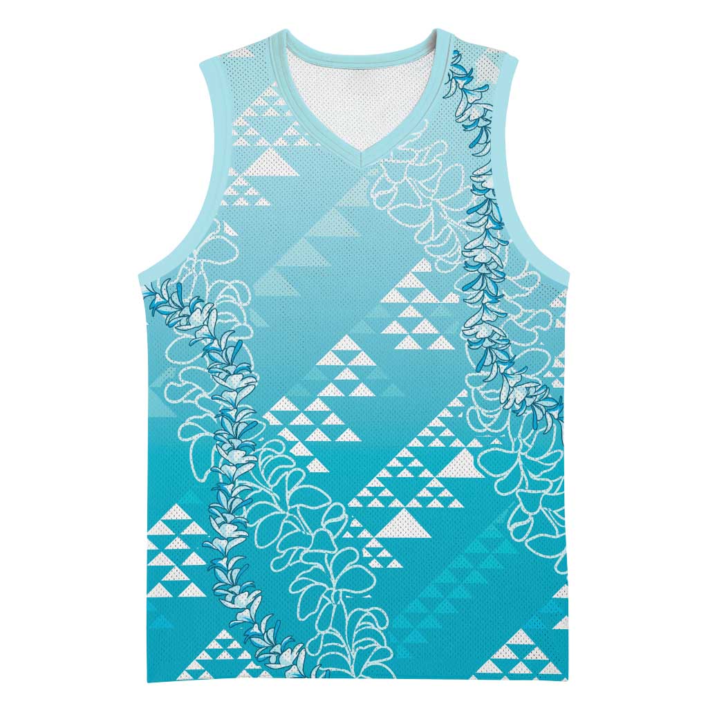 Hawaii Turquoise Kapa Basketball Jersey Vintage 'Ohe Kāpala Motifs Mix Plumeria Leis LT7 Unisex Turquoise - Polynesian Pride