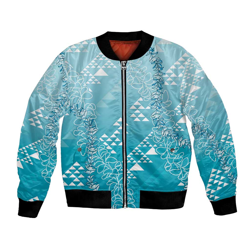 Hawaii Turquoise Kapa Bomber Jacket Vintage 'Ohe Kāpala Motifs Mix Plumeria Leis