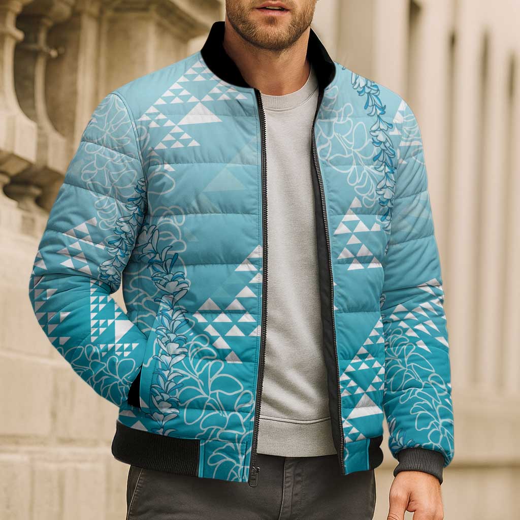 Hawaii Turquoise Kapa Bomber Puffer Jacket Vintage 'Ohe Kāpala Motifs Mix Plumeria Leis