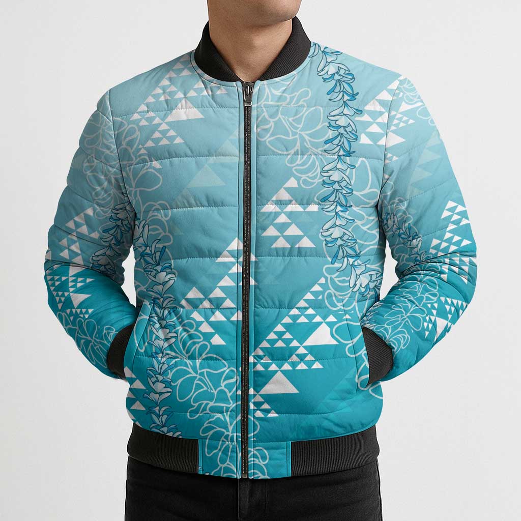 Hawaii Turquoise Kapa Bomber Puffer Jacket Vintage 'Ohe Kāpala Motifs Mix Plumeria Leis