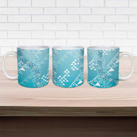 Hawaii Turquoise Kapa Ceramic Mug Vintage 'Ohe Kāpala Motifs Mix Plumeria Leis