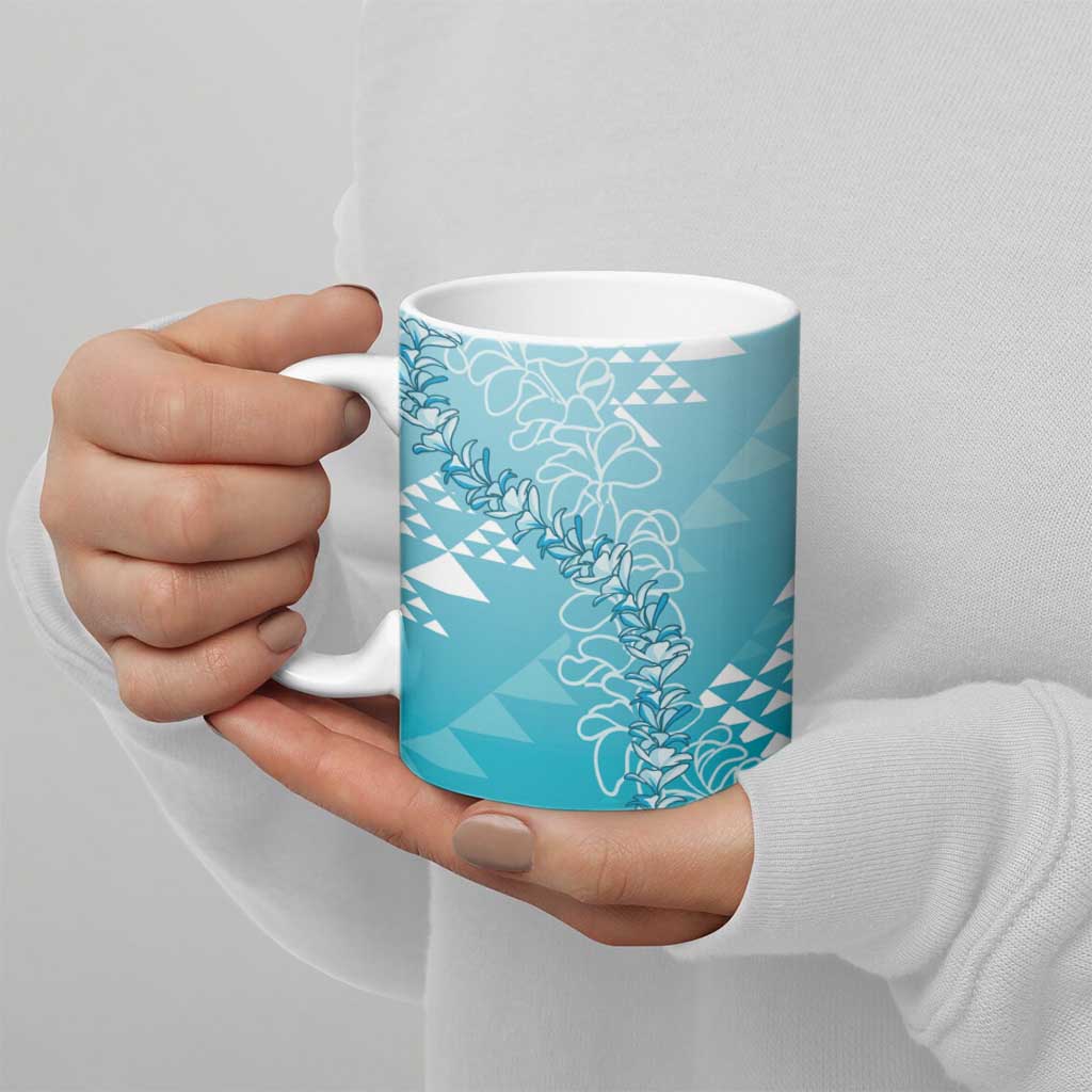 Hawaii Turquoise Kapa Ceramic Mug Vintage 'Ohe Kāpala Motifs Mix Plumeria Leis
