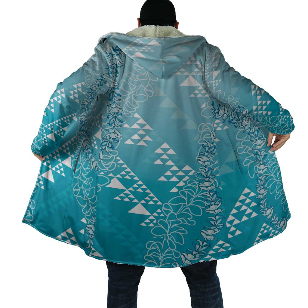 Hawaii Turquoise Kapa Cloak Vintage 'Ohe Kāpala Motifs Mix Plumeria Leis
