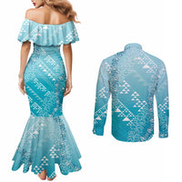 Hawaii Turquoise Kapa Couples Matching Mermaid Dress and Long Sleeve Button Shirt Vintage 'Ohe Kāpala Motifs Mix Plumeria Leis LT7 - Polynesian Pride