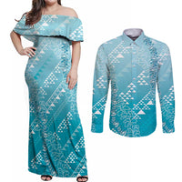 Hawaii Turquoise Kapa Couples Matching Off Shoulder Maxi Dress and Long Sleeve Button Shirt Vintage 'Ohe Kāpala Motifs Mix Plumeria Leis LT7 Turquoise - Polynesian Pride