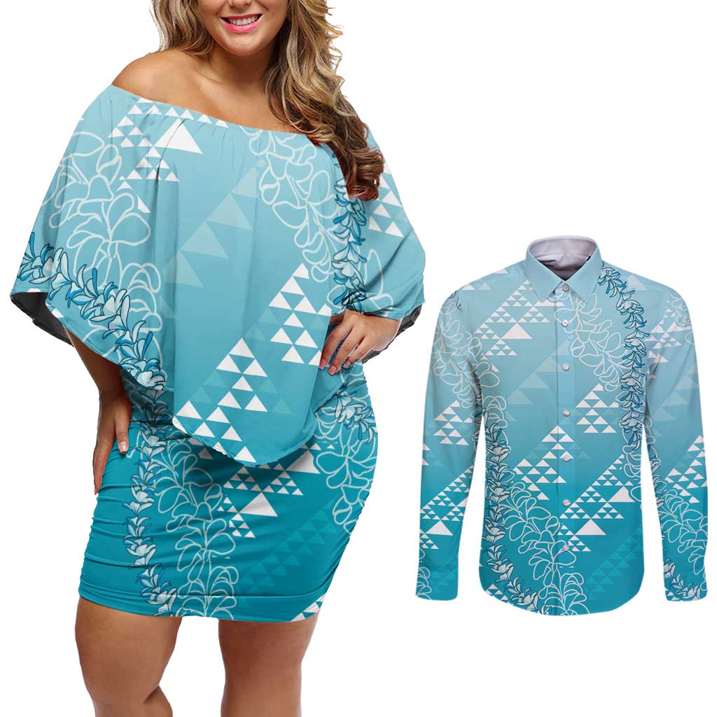 Hawaii Turquoise Kapa Couples Matching Off Shoulder Short Dress and Long Sleeve Button Shirt Vintage 'Ohe Kāpala Motifs Mix Plumeria Leis