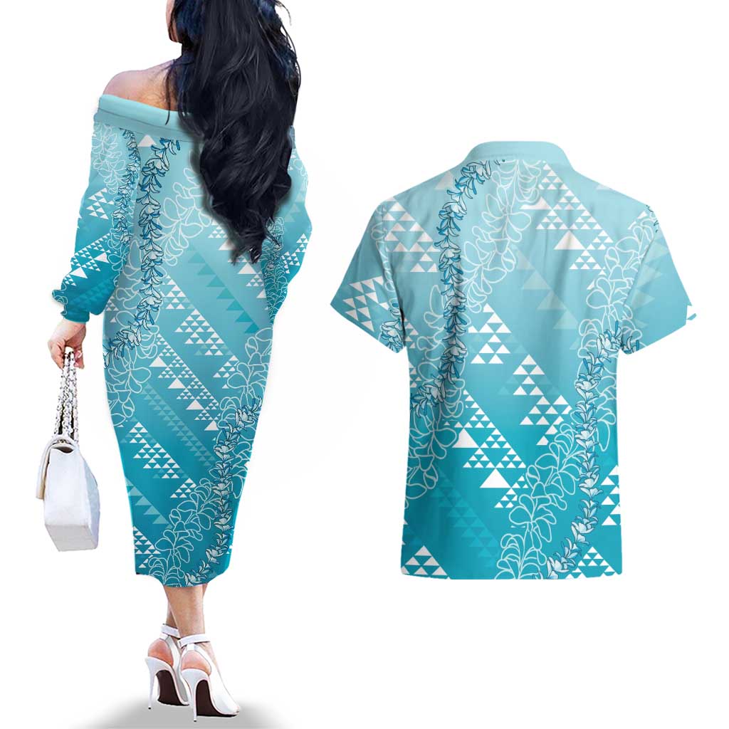 Hawaii Turquoise Kapa Couples Matching Off The Shoulder Long Sleeve Dress and Hawaiian Shirt Vintage 'Ohe Kāpala Motifs Mix Plumeria Leis LT7 - Polynesian Pride