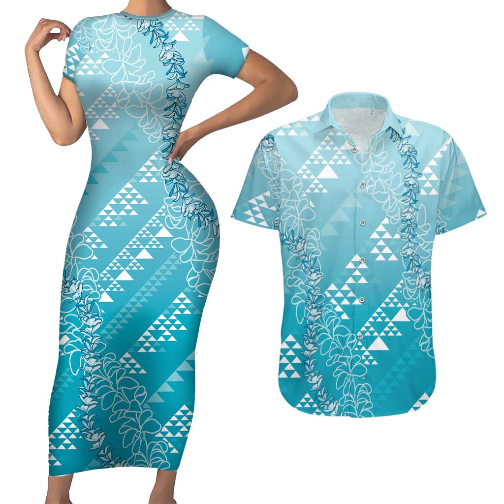 Hawaii Turquoise Kapa Couples Matching Short Sleeve Bodycon Dress and Hawaiian Shirt Vintage 'Ohe Kāpala Motifs Mix Plumeria Leis
