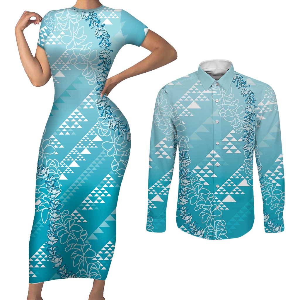 Hawaii Turquoise Kapa Couples Matching Short Sleeve Bodycon Dress and Long Sleeve Button Shirt Vintage 'Ohe Kāpala Motifs Mix Plumeria Leis LT7 Turquoise - Polynesian Pride