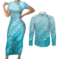 Hawaii Turquoise Kapa Couples Matching Short Sleeve Bodycon Dress and Long Sleeve Button Shirt Vintage 'Ohe Kāpala Motifs Mix Plumeria Leis LT7 Turquoise - Polynesian Pride