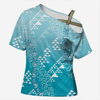 Hawaii Turquoise Kapa Cross Shoulder Shirt Vintage 'Ohe Kāpala Motifs Mix Plumeria Leis LT7 Female Turquoise - Polynesian Pride