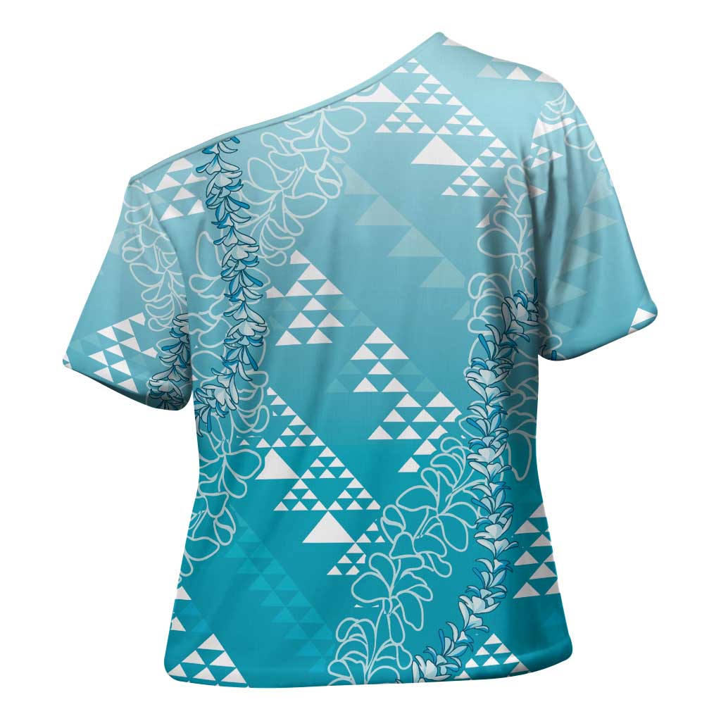 Hawaii Turquoise Kapa Cross Shoulder Shirt Vintage 'Ohe Kāpala Motifs Mix Plumeria Leis LT7 - Polynesian Pride